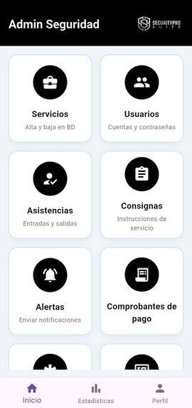 Pantalla principal de la app del administrador mostrando módulos de servicios, usuarios, asistencias y alertas