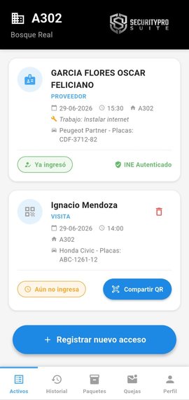 Pantalla principal de la app del residente mostrando accesos activos, visitas registradas y opción de compartir QR